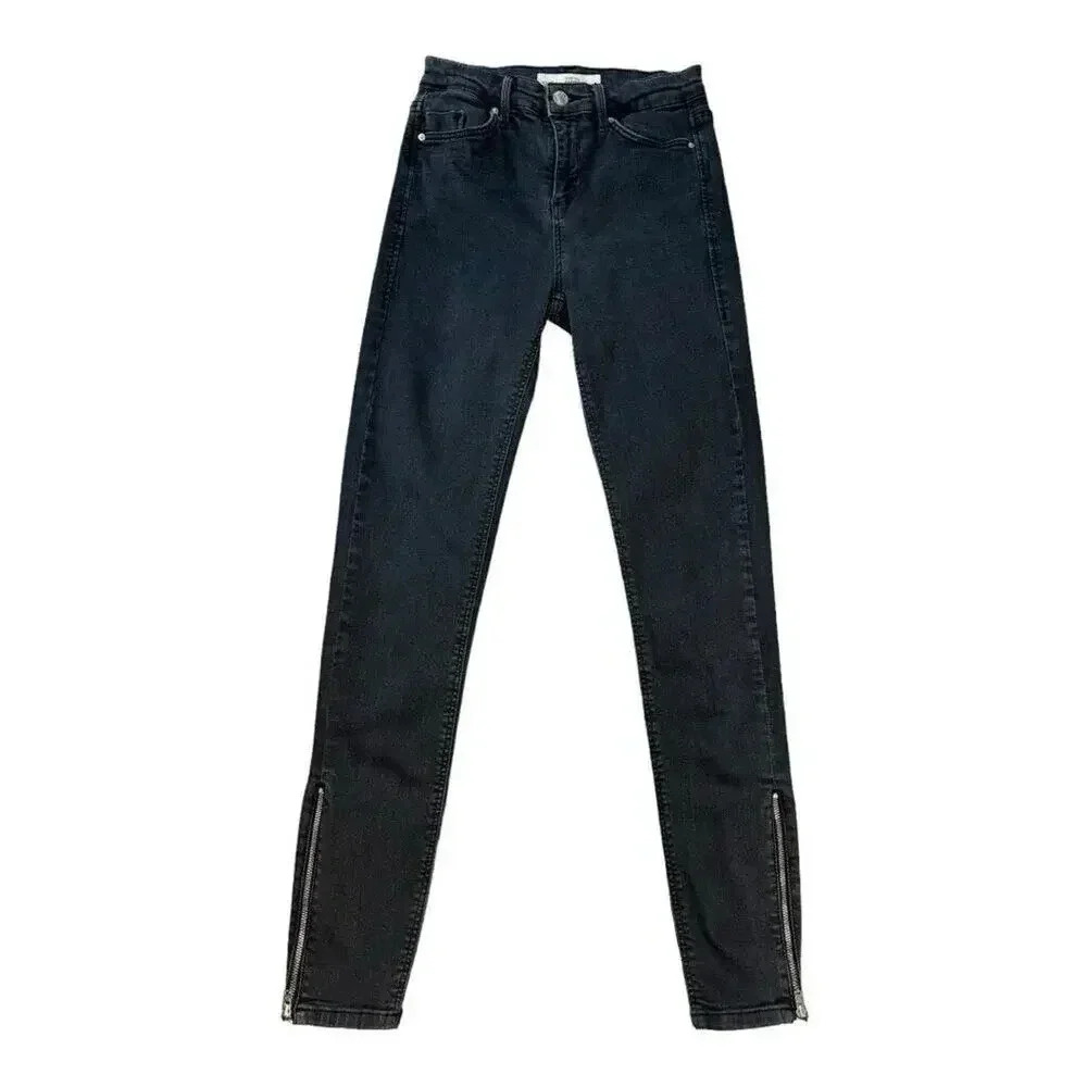 Topshop Moto Jamie Women's Black Skinny Jeans W26 L32 Ankle Zips 5-Pocket Design